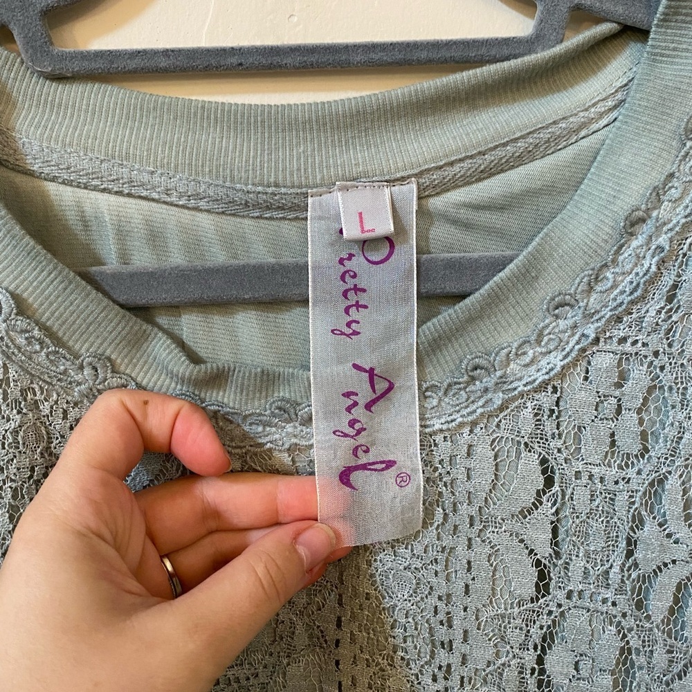 Pretty Angel Sage Green Lace Tiered Lagenlook Tunic Top Pockets L Linen Blend - Picture 7 of 8